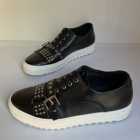 Les Hommes Black Leather Studded Buckle Sneakers Men’s Size 42/ 9 US  Italian - Picture 2 of 12